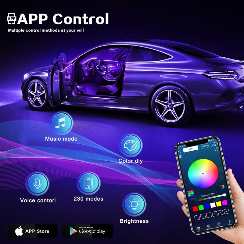 Acrylic Interior Car LED Strip Light with Wireless APP, 14