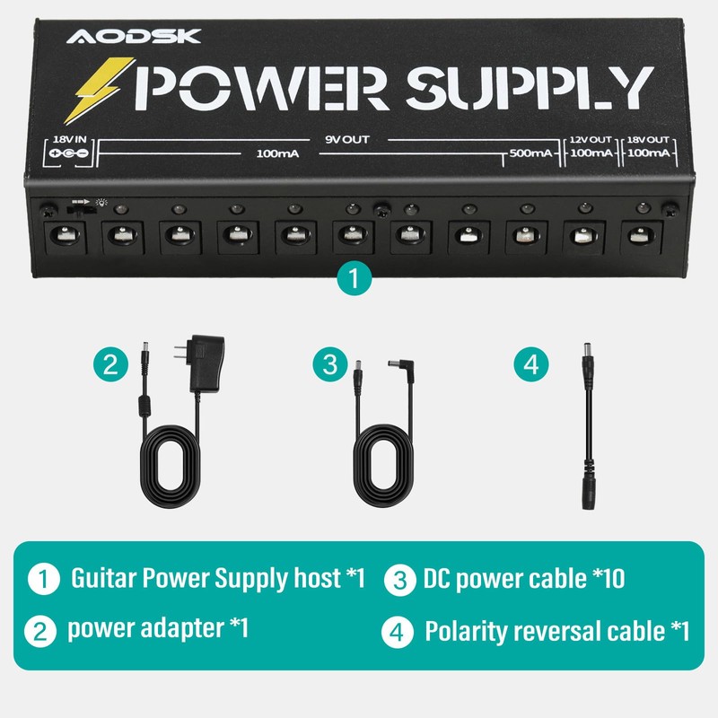 AODSK Guitar Effect Pedal Power Supply,9V/12V/18V DC Output,10 Isolated DC