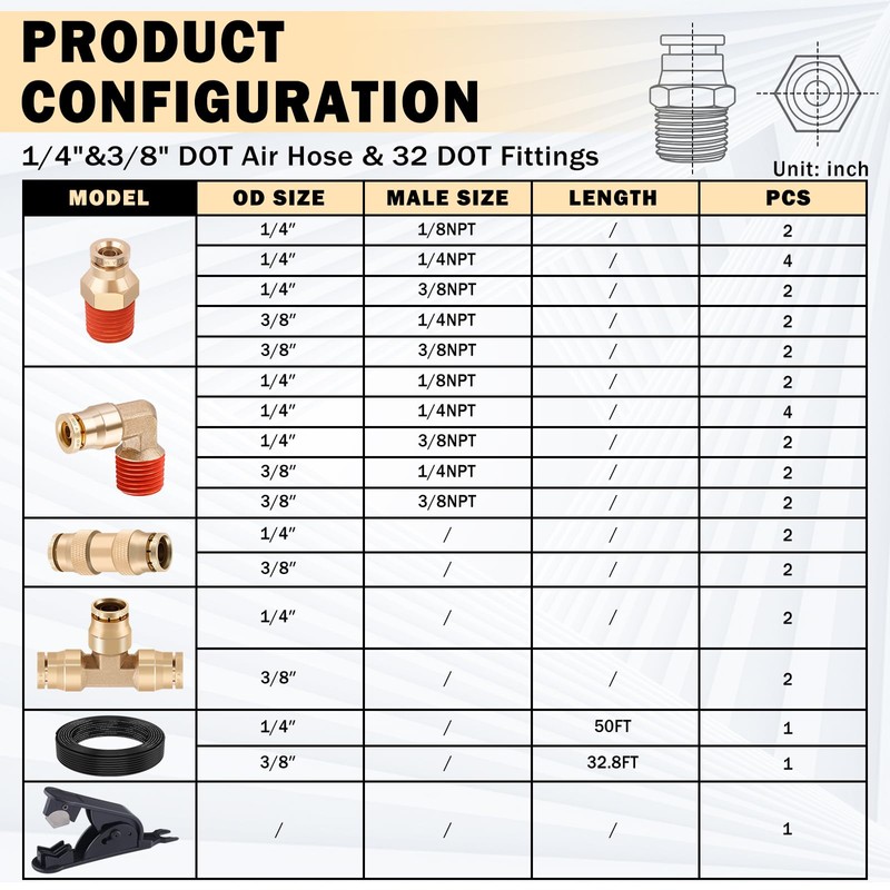 CheeMuii 32 Pcs Brass DOT Air Line Fittings With 50