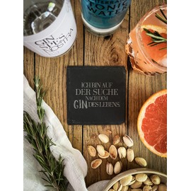 Slate Coaster Set (4 Pieces) for Gin with Gin Sayings - Coasters Made of Slate for Ginfans Gift Idea Gin Lovers (German Sayings)