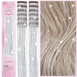 Ainani 12Pcs Hair Tinsel Clip in Glitter Tinsel Hair Extensions Heat Resistant 20Inch Fairy Hair Clip in Hair Tinsel Silver Sparkly Hair Accessories for Girls Women Kids (Silver 12PCS)