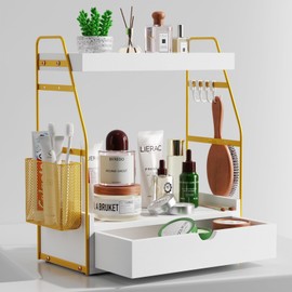 2 Tier Bathroom Counter Organizer with Drawer & Basket, Wooden Vanity Tray Countertop Shelf Accessories for Makeup Storage, Coffee Bar Station, Perfume Skincare, Kitchen, Bedroom (White & Gold)