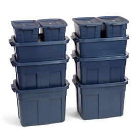 Rubbermaid Roughneck Tote Variety, 10 Pack, Made in USA, Dark Indigo Metallic, Rugged Plastic Stackable Storage Bins with Lids and Handles