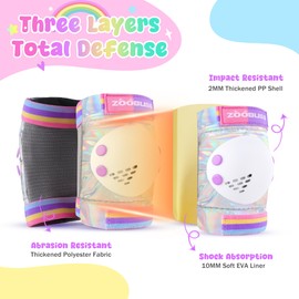 Knee Pads for Kids, ZOOBLISS Toddler Knee and Elbow Pads Set Wrist Guards for Skating Girls Aged 3-12, Kids Protective Gear for Roller Skates Skateboard Bike Scooter, Included Drawstring Bag (Rainbow)