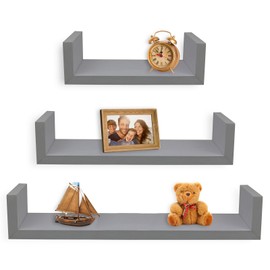 Greenco Set of 3 Floating “U” Shelves, Easy-to-Assemble Floating Wall Mount Shelves for Bedrooms and Living Rooms, Grey Finish