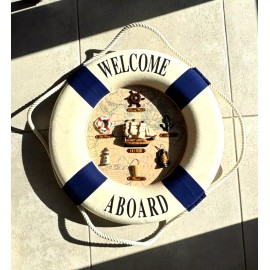 Decor 20" Blue Welcome Aboard Life Preserver/Buoy with Rope +3D Decor Wall Hanging
