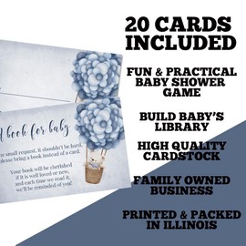 Amanda Creation Book Request Cards Blue Teddy Bear Bring a Book Insert Request for Baby Shower - 20 2.5 by 4 Inch Double Sided Gift Tags, Made in the USA
