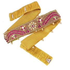 VAMA South Indian Traditional Fabric Golden Pink Stone Embroidery Cloth Saree Waist Belt Stretchable Kamarpatta Kamarbandni Kardhani For Women (Kamarpatta Belt For Saree)