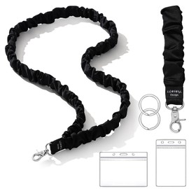 LENYNAL Scrunchies Lanyards for Id Badges and Keys, Stretchy Teacher Lanyard for Women Cruise Ship Cute Retractable Lanyard Neck and Wrist 2 in 1 Black Puffy