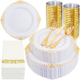 Nervure 350PCS White and Gold Plastic Plates - Gold Plastic Dinnerware Sets for 50 Guests - 100 Gold Disposable Plates, 150 Gold Plastic Silverware, 50 Cups, 50 Napkins for Wedding & Party - amount: 175PCS