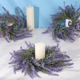 12Pcs Lavender Candle Rings Wreaths Mini Purple Wreath Table Centerpieces 3 Inch Floral Wedding Ring Wreaths Pillar Candle Holder for Spring Summer Home Door Party Decoration
