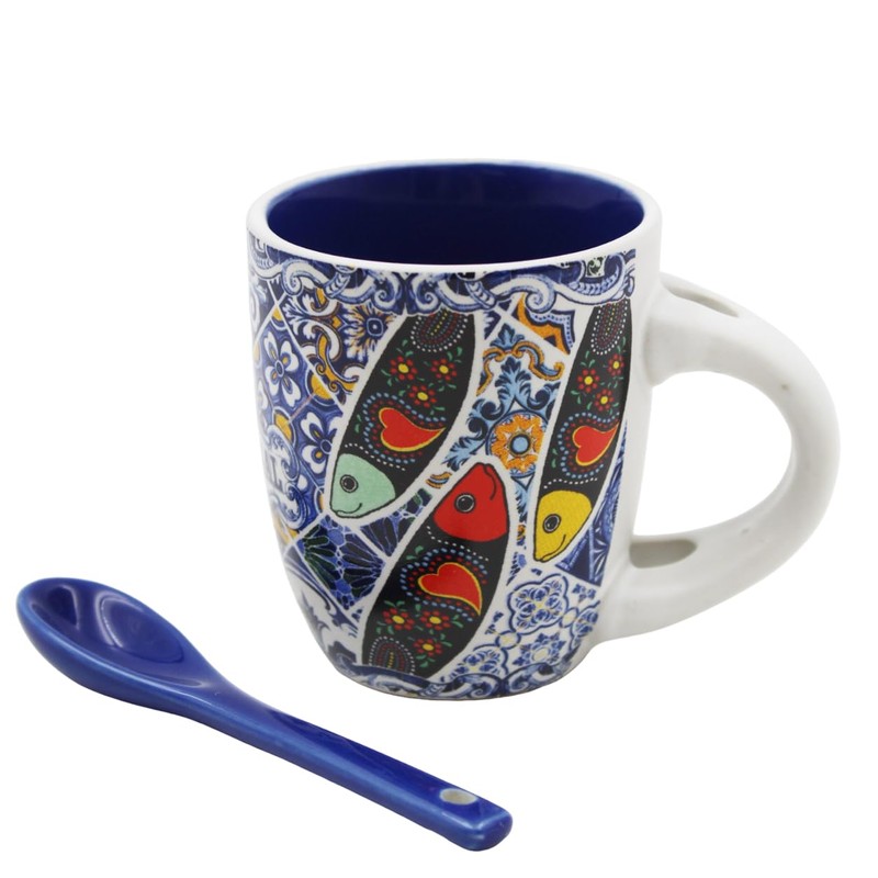 Portuguese Rooster Sardine Azulejo Ceramic Espresso Set - With Spoon