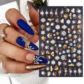 8 Sheets Gold Snowflake Nail Art Stickers 3D Christmas Nail Decals White Snowflakes Self-Adhesive Stickers Xmas Winter Bronzing Nail Designs Holiday Nail Stickers for Women Girls Nail Decorations