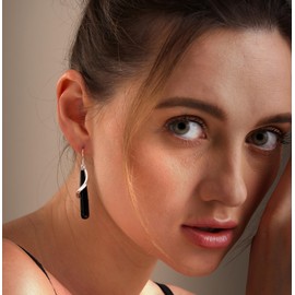 LeCalla 925 Sterling Silver Black Onyx Earrings for Women | Elongated Black Onyx Teardrop Spiral Earrings | Teardrop Shaped Dangle Hook Earring 52MM