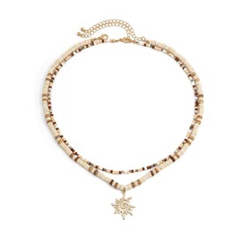 IQIC Puka Shell Necklace for Women Men Gold Surfer Sun Pendant Necklace Silver Layered Wooden Beaded Necklace Coconut Beach Pendant Necklace Hawaiian Jewelry Accessories (gold)