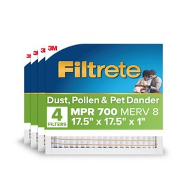 Filtrete 17.5x17.5x1 AC Furnace Air Filter, MERV 8, MPR 700, Tough on Pollen, Easy on Airflow, 3-Month Pleated 1-Inch Electrostatic Air Cleaning Filter, 4-Pack (Actual Size 17.19 x 17.19 x 0.81 in)