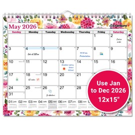 CRANBURY 2026 Large Wall Calendar 12x15, Floral Hanging Monthly Calendar 12 x 15 with Big Daily Spaces, Jan–Dec 2026, Includes Planning Stickers
