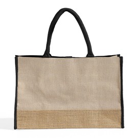Heavy Duty Burlap Bag with Handle 6 Pcs Fashion Jute Tote Bags, Large Reusable Shopping & Travel Bag for Women, Natural/Black