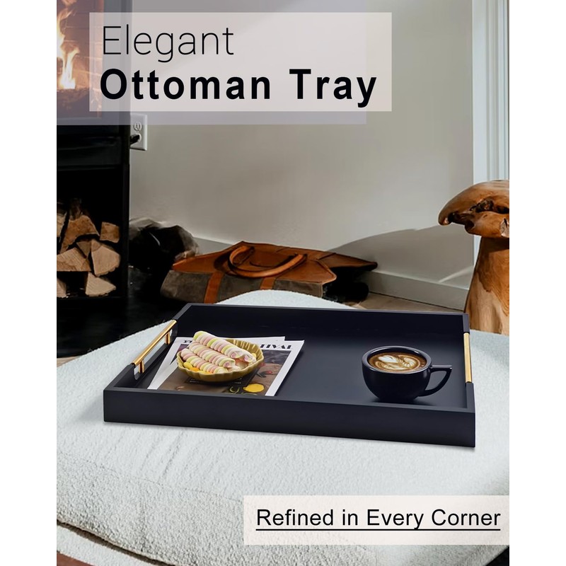 OurMiao 22 Inch Rectangle Black Ottoman Tray with Gold Metal