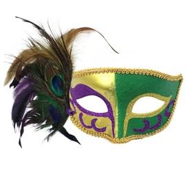 Pretishows Mardi Gras Mask with Feather,Painted Carnival Masquerade Mask,Venetian Masks for Women Gold/Green