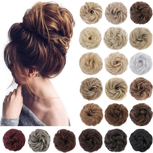 S-noilite 2Pcs Messy Bun Hair Piece Wavy Messy Hair Bun Extensions Scrunchies Thick Updo Synthetic Hair Scrunchy Easy Chignon Ponytail Hairpiece for Women Girls Blonde With Brown Highlights