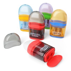Pencil Sharpener with Eraser, 4 Pack,2 Sharpening Holes, Colorful Manual Handheld Pencil Sharpener for Office and School
