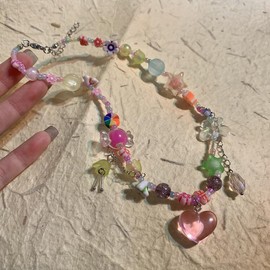 XFSRG Women's Summer Choker Necklace - Steel Necklace with Silver Chain with Heart and Coloured Beads - Snake Necklace for Girls and Women - Perfect Jewellery for Any Occasion, 0.1, Zinc