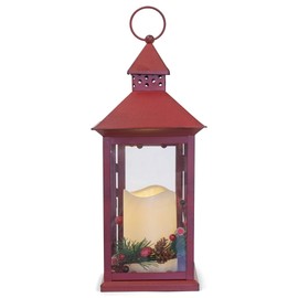 Red Holly Berry and Pine Look Distressed 13.5 Inch Metal Decorative Hanging Lantern