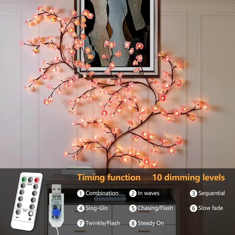 FNHMSL Cherry Enchanted Willow Vine Lights, 7.55FT 144LED 2PCS Pink
