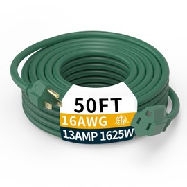 50FT 16/3 Gauge Green Outdoor Extension Cord Waterproof Heavy Duty, 3 Prong Cold Weatherproof -40℉ Flexible Power Cord, 13A 1625W SJTW ETL Listed for Lawn Mower, Christmas Lights, Tools