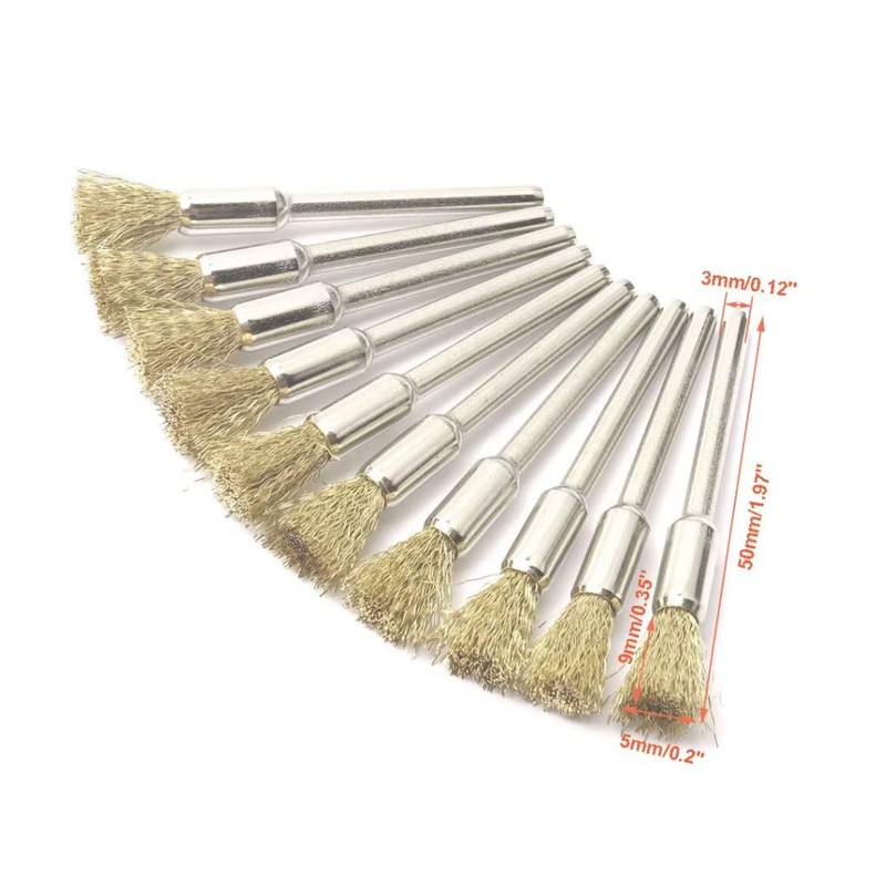 Wire Brush Set, 10 Pack, 5mm Brass Bristles, 3mm Shank