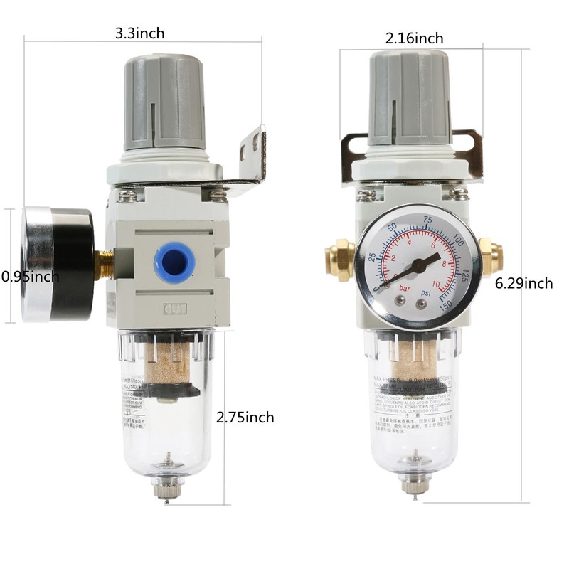 1/4 Zoll Luftfilter-Druckregler, Luftkompressor-Wasserabscheider mit Manometer AW2000-02