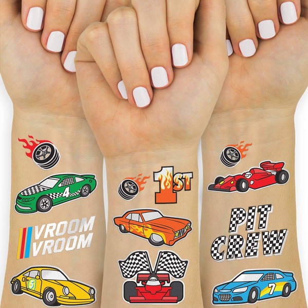 xo, Fetti Race Car Party Supplies Temporary Tattoos - 44 Glitter Styles | Racecar Birthday, Pit Crew, Checkered Flags, Vroom, Wheels