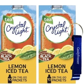 Candy Freezer Crystal-Light On The Go Drink Mix - Two (2) Pack of 10pck/0.13oz Pouches - Sugar-Free, Low-Calorie Refreshment Anytime, Anywhere and Candy Freezer Bottle Opener Keychain (2 Pack, Lemon Iced Tea) Keychain