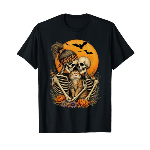 Skeleton Hugging Cat Floral Halloween Cat Lover Mom Costume T-Shirt