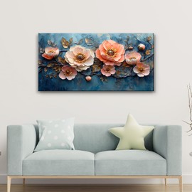 GYJAGHL beautifulpink flower mural living room bedroom office farmhouse oil painting Artwork, blue background pink flowers modern home floral poster muralArtwork, flower posters for roomPrinted frame for hanging at any time.
