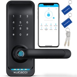 Smart Door Lock with Handle: Kucacci Keyless Entry Digital Door Lock for Front Door - Fingerprint Keypad Smart Dnob - Generate Passcode Remotely - App Control - Easy Installation(Black)