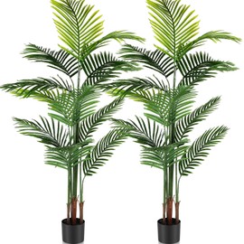 Jexine 2 Pack Artificial Palm Trees 5Ft, Fake Plants Fake Trees Artificial Areca Palm Plants for Outdoor Indoor Faux Palm Tree in Pot for Pool Home Decor Office Housewarming Gift Modern Decoration