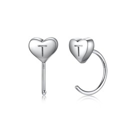 Half Hoops Heart Earrings Studs, 925 Sterling Silver Tiny Sleeper Earrings for Women, Initial T