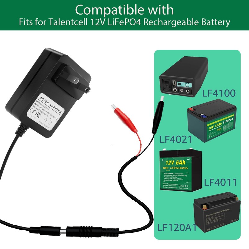 14.6V 2A LiFePO4 Battery Charger with Dual Alligator Clips Cable