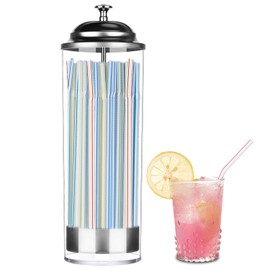 JIZHOUYAO Straw Holder Dispenser 100 PCS Striped Straws Include - Clear Glass Drinking Straw Container with Stainless Steel Lid for Standard Straws, Straw Organizer for Kitchen (Bright Colors)