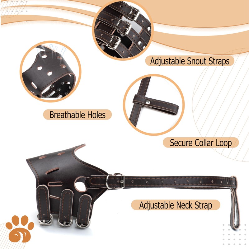 Wagably Brown Leather Muzzle for Dogs - Secure Basket -