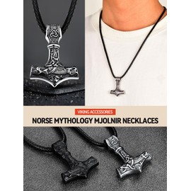 Mens Viking Necklace, Mjolnir Pendant Black Leather Chain Norse Jewelry Gift for Dad Brother Husband