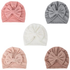 DRESHOW Baby Hat Baby Turban Hat Bun Knot Toddler Infant Beanie Hat Baby Girls Boys Soft Toddler Hat Pack of 5, 5 Pcs Bow Set-67/3-12 Months, Unit size