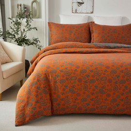 Softta Vintage Paisley Pattern Bedding Set Full Size 3Pcs Duvet Cover Set 100% Washed Cotton Double-Layer Yarn Washed Cotton Bedding Collection Blue & Orange
