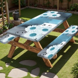 Picnic Table Cover with Bench Covers and Bag, Daisy Outdoor Waterproof Windproof Tablecloth with Elastic Edges. Camping Accessories RV Gear Campers Must Have 72x30 Inches 3 Pcs Set (Teal)