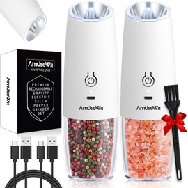 AmuseWit Gravity Electric Salt and Pepper Grinder Set [White Light] USB Rechargeable Automatic Pepper and Salt Mills,Adjustable Coarseness,One-Handed Operation, Snow White