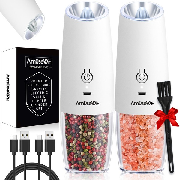 AmuseWit Gravity Electric Salt and Pepper Grinder Set [White Light]