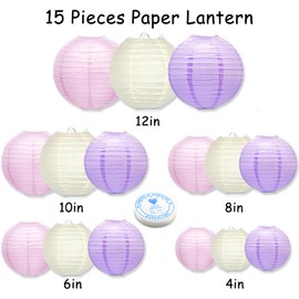 15Pcs Paper Lanterns Decorative, Pink Purple White Hanging Lantern for Mermaid Theme Girl Birthday Party Baby Showers Party Decorations