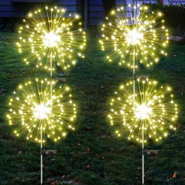4-Pack Solar Outdoor Lights for Garden Decorations, Waterproof Solar Firework Lights with Super Bright 360 LEDs, Solar Lights Outdoor Decorative for Outside Pathway Patio Yard Porch Decor (Warm White)
